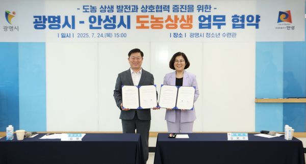 ▲안성시 광명시 도농상생 업무협약 ( 광명시장 박승원 & 안성시장 김보라 ) / 사진제공=안성시