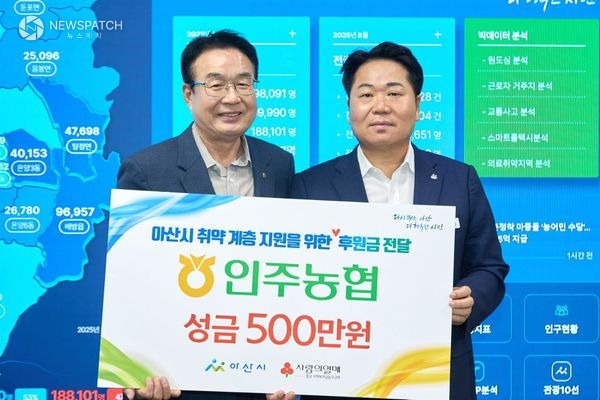 ▲인주농협 임직원, 지역 취약계층 지원을 위한 성금 500만 원 기부 / 사진제공=아산시