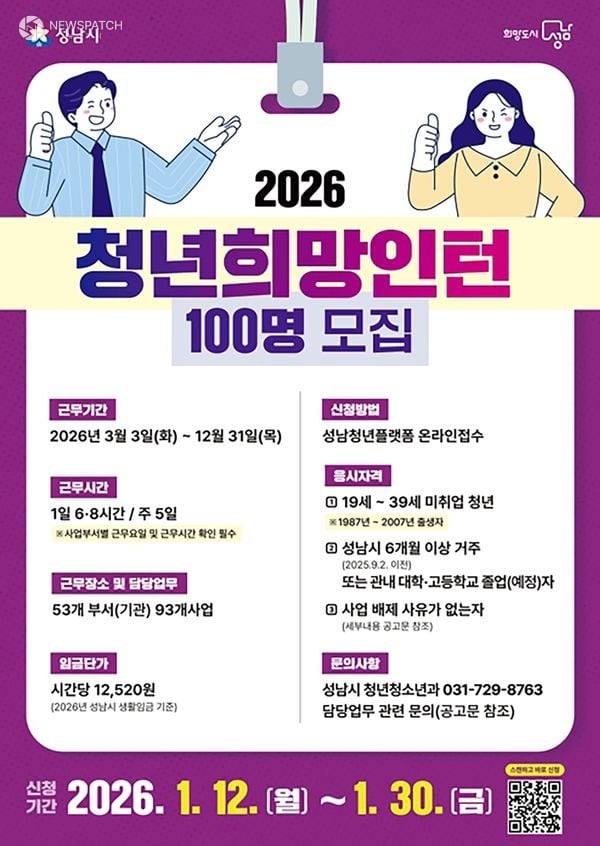 ▲성남시 ‘청년 희망 인턴’ 100명 모집 안내 포스터
