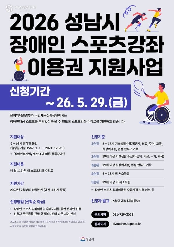 ▲ 월 11만원’ 장애인 스포츠 강좌 이용권 지원사업 신청 안내 포스터 / 이미지=성남시