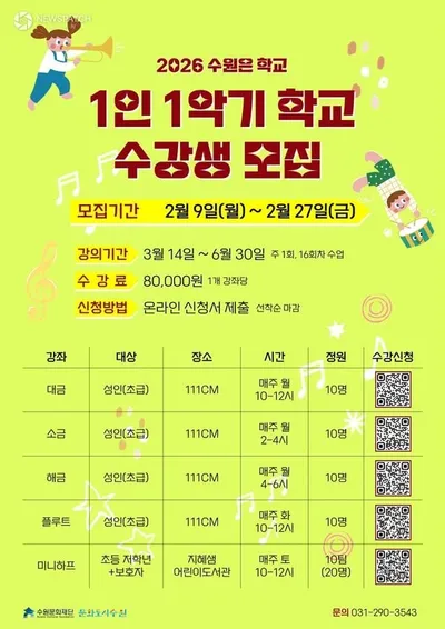 수원문화재단, 2026 수원은학교 1인 1악기 학교’ 수강생 모집