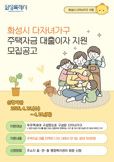 화성특례시, 신혼부부와 다자녀가구  주택자금 대출이자 지원