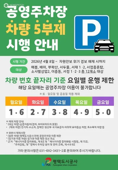 평택도시공사, 공영주차장 승용차 5부제 시행