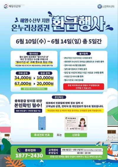 경기도, 6월 수산물 온누리상품권 환급행사 시행
